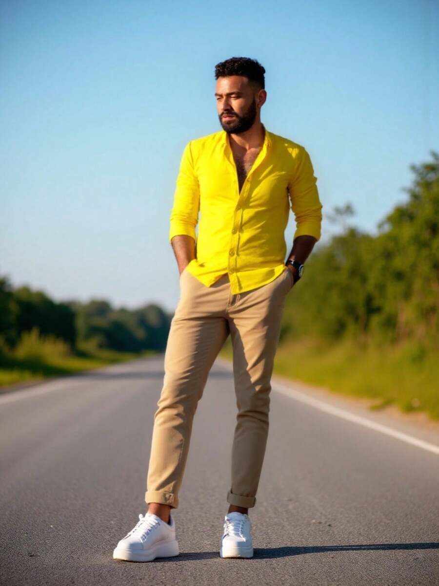 MEN'S SET KIT: TROUSERS + SLIM DRESS SHIRT - 米色+黃色 - 查看 1