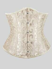 Vintage Jacquard Lace-Up Back Fishbone Corset Top, Fashionable Outerwear Bodycon Shapewear Top - Apricot - View 11