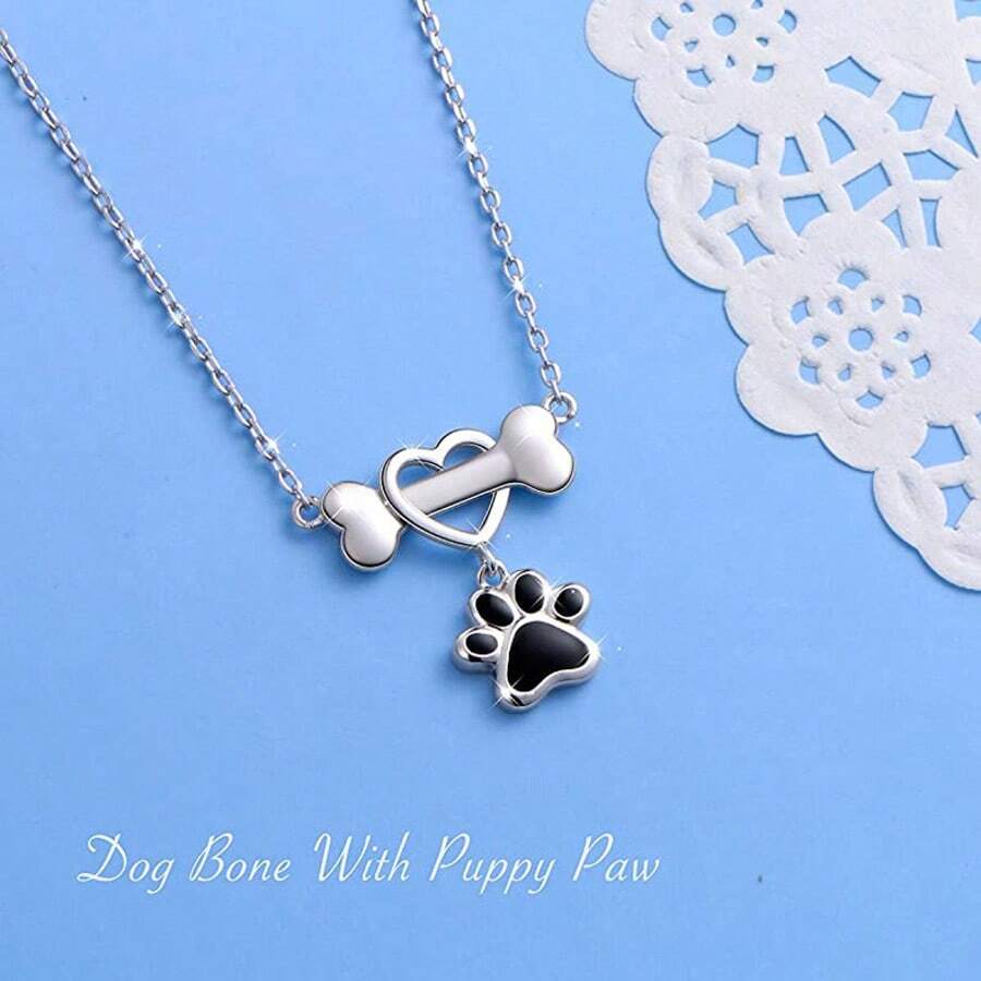 Cute Enamel Dog Bone Paw Pendant Necklace For Women Simple Collarbone Chain Necklace Girls Birthday GIfts - 銀色 - 查看 1