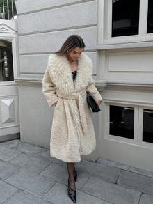 Women's Beige Large Lapel Long Fur Coat (With Belt), Winter Clothing, Old Money Outfit,A Fashionable Front-Opening Plush Large Lapel Faux Fur Coat For Winter Women's Wear,Christmas,Festival Clothing