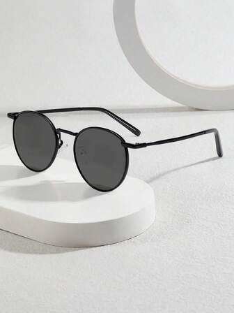 1 คู่ แว่นตาแฟชั่นทรงกลมโลหะสำหรับผู้หญิง, แว่นกันแดดทรงสง่าสำหรับใส่ในชีวิตประจำวัน กรอบโลหะ