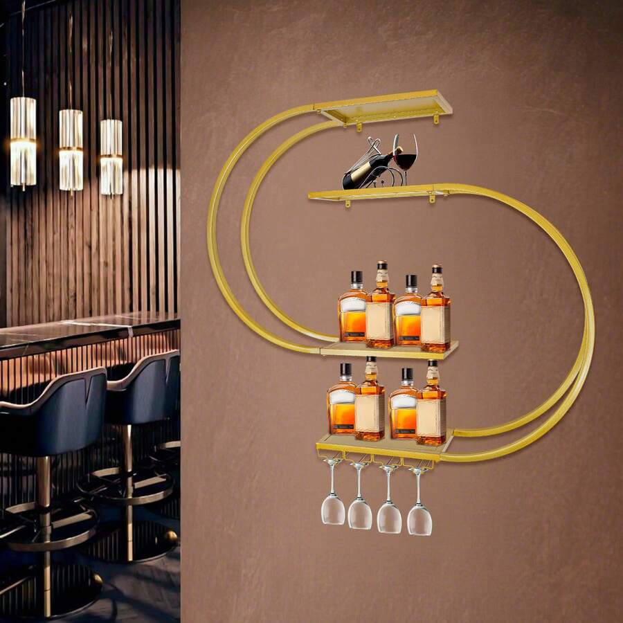 Portabottiglie da parete, portabottiglie semicircolare multistrato con gancio per bicchieri da vino, portabottiglie con gancio per bicchieri da vino adatto per cucina, bar, caffetteria