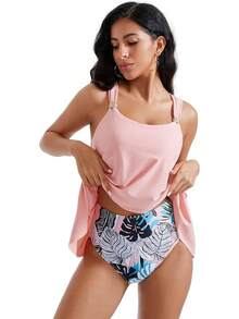 Traje de baño tankini con volantes de cintura alta y control de abdomen para tallas grandes - Rosa - Ver 10