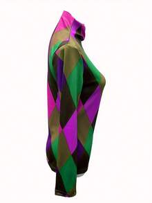 Plus Size Floral Print Long Sleeve Women's T-Shirt, Slim Fit Layering Top, Mock Neck, Spring/Autumn 2025 New Arrival - Multicolor - View 4