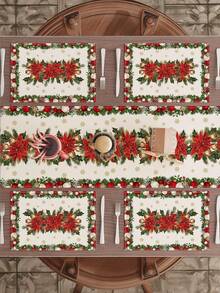 1 pieza/Set de 5 piezas Camino de mesa de Navidad con flor de Pascua, estilo moderno rústico, decoración perfecta para fiestas navideñas, decoración del hogar y cocina, para interiores y exteriores