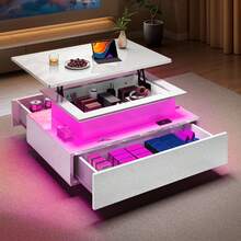BALCONERA White Coffee Table (90x55x41.1 Cm) – High-Gloss Living Room Table With 16-Color LED Lighting, Open Display Shelf & 4 Pull-Out Drawers - White - View 2