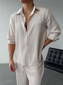 2 piezas Conjunto de camisa de manga larga y pantalones de unicolor casual para hombre, estilo de ropa de otoño al estilo "Old Money" - Albaricoque - Ver 6