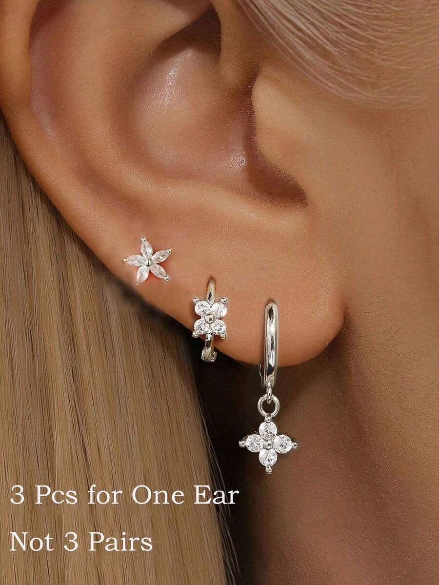 3pcs/Set Fashionable Stainless Steel Crystal Butterfly Earrings, Women's Punk Style Ear Cuff, Ear Cartilage Piercing Jewelry - Silver-2# - View 1