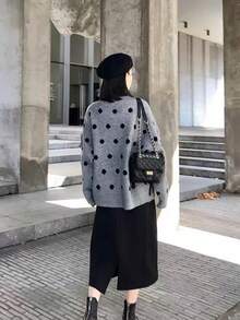 EAVA Fashion 女款針織上衣，灰色配黑色波點長袖套頭毛衣，標準版型，羅紋針織細節，舒適面料 - 灰色 - 查看 6
