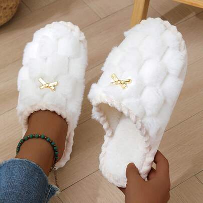 New Cartoon Pattern Cute Bow Plush Slippers, Unisex Warm Soft Sole Lightweight House Slippers Suitable For Living Room And Bedroom, All Seasons
