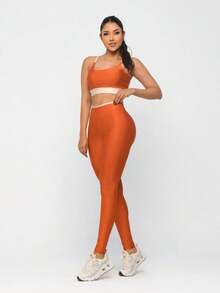 Premium Suplex Fitness Set With Pants And Non-Transparent Cup Top, Fitness Gym Clothing Kit, High Compression Leggings - Màu cam hai tông - Xem 3
