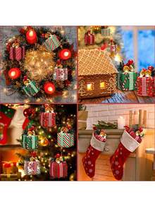 6PCS Mini Christmas Tree Ornaments With Bells & Berries, Gift Box Decorations For Indoor/Outdoor Holiday Decor, Festive Presentation, Christmas Decorations Home Decor Room Decor Winter