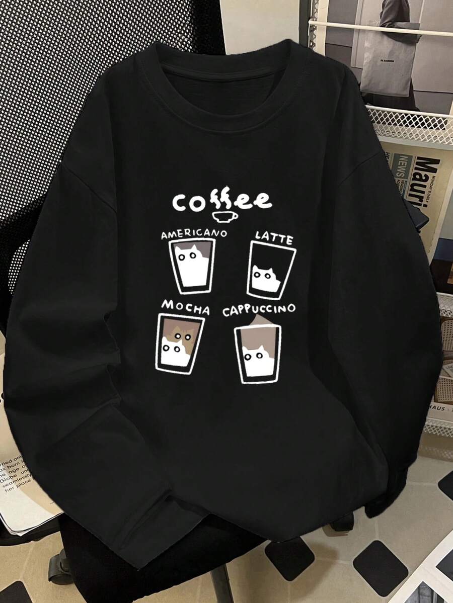女士宽松卡通印花长袖棉质T恤，百搭春秋装 - 黑色 - 查看 1