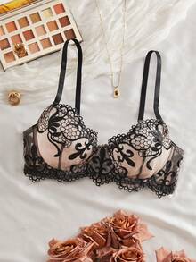 Set de lenjerie intimă neagră, sexy, cu plasă și broderie, retro, elegant, cu bretele asimetrice, sutien bandeau pentru femei.