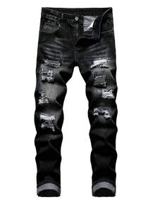 1 Pair Of Men's Jeans, Ripped Denim Street Pants, Slim Fit, Black Ripped Men's Jeans Suitable For All Seasons - 黑色 - 查看 3
