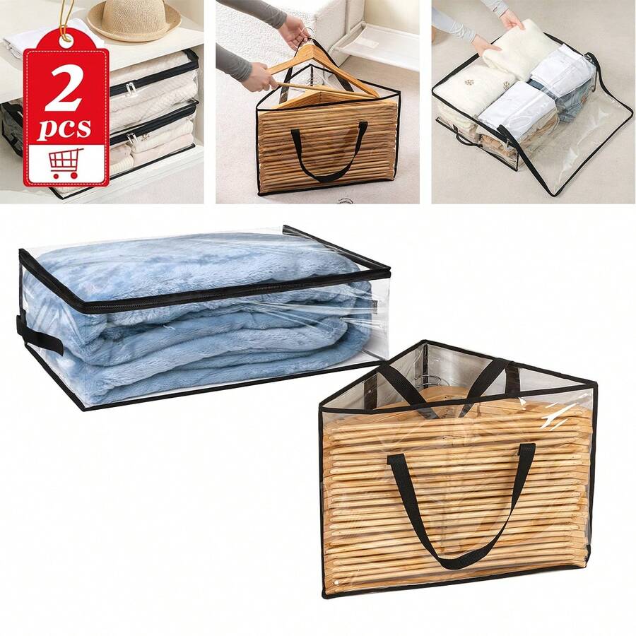 2pcs (1pc Hanger Storage Bag + 1pc Blanket Storage Bag), Transparent With Black Trim Wardrobe Storage Organizer Bags, Multi-Functional Storage Set For Hanging Clothes, Blankets, Garment Organization, Keep Your Closet Neat