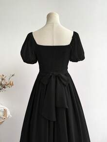 Rusttydustty 女士优雅休闲收腰黑色雪纺长袖荷叶边连衣裙，适合新年、情人节等场合 - 黑色 - 查看 3