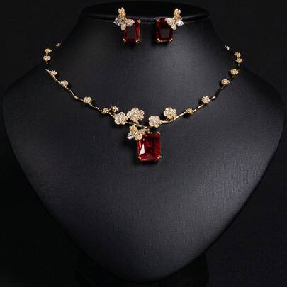 3pcs/Set Cubic Zirconia Flower Shaped Jewelry Set, Gold/Silver Color Options, Necklace & Earrings Combo, Suitable For Women's Holiday/Party/Banquet Wear, Fashion Jewelry Gift Set