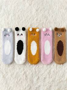 1/5 Pairs White Bear Coral Fleece Socks, Thick Warm Cartoon Socks For Home Wear In Winter, Cozy - Khaki - View 13
