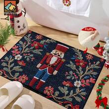 1 pièce/2 pièces Tapis de bain antidérapant à motif de casse-noisette de Noël, en matériau de fausse cachemire, avec décoration en peluche, convient pour les salles de bain, les entrées, les cuisines et autres occasions, lavable en machine, décoration festive, peut être offert en cadeau