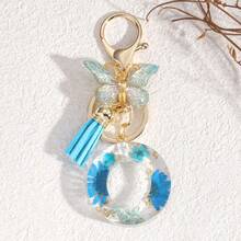 Fashionable Butterfly Tassel Flower Initial Keychain For Girl And Ladies, Blue Cute Dry Flower Dandelion Letter Key Chain, Backpack/Handbag Decoration Gift Bag Accessories Lanyards With Id Holder Car Accessories Bag Charms Christmas Car Accessories Teacher Friend Sister Gift Ideas