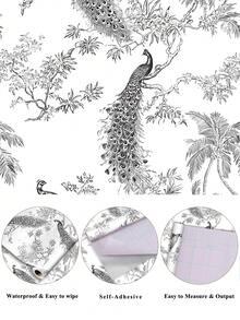 1 rouleau de 1m/3m/5m de papier peint adhésif vintage noir à motif floral et paon, convient pour la rénovation de la maison, la décoration de la pièce, le recouvrement d'armoires, la décoration de la salle de bain, les murs en vinyle, le DIY, imperméable, résistant aux taches, avec doublure en aluminium, non transparent, facile à nettoyer, flexible et résistant aux déchirures