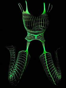 1 Piece Women's Glow-In-The-Dark Fishnet Stockings, Fishnet Bodysuit Lingerie That Glows In The Dark, Transparent Suspender Glow-In-The-Dark Fishnet Tights, Sexy Full-Length Fishnet Stockings, Tight Fishnet Leggings For Women, Sexy One-Piece Costume, Bodysuit, Club Outfit, Music Festival, Cosplay, Party Attire. - 螢光綠 - 查看 3