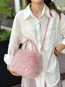 1pc Plush Tote Bag, Fashionable Handbag With Fluffy High-End Feel, New Arrival Fur Bag For Women - Multicolor - View 10