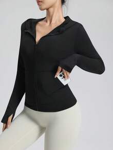 Damen Outdoor Lässig Sport Fitness Reißverschluss Langarm Kapuzenjacke mit Taschen und Daumenöffnungen