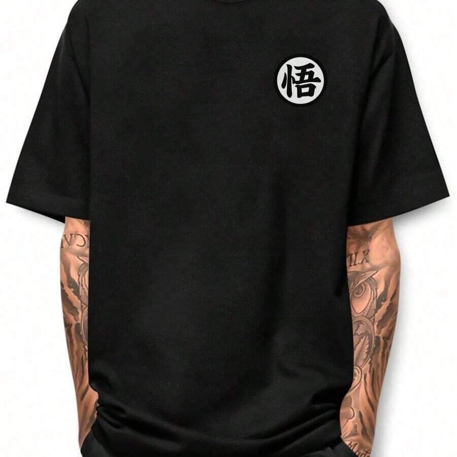 Goku Kanji Basic T-Shirt 100% Cotton Round Neck Shirt - 黑色 - 查看 1