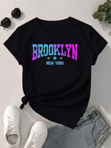 Camiseta "Brooklyn" de Nueva York ,Camiseta informal de algodón de verano para mujer, manga corta, cuello redondo, 220 g/m2 (1 pieza) - Negro - Ver 2