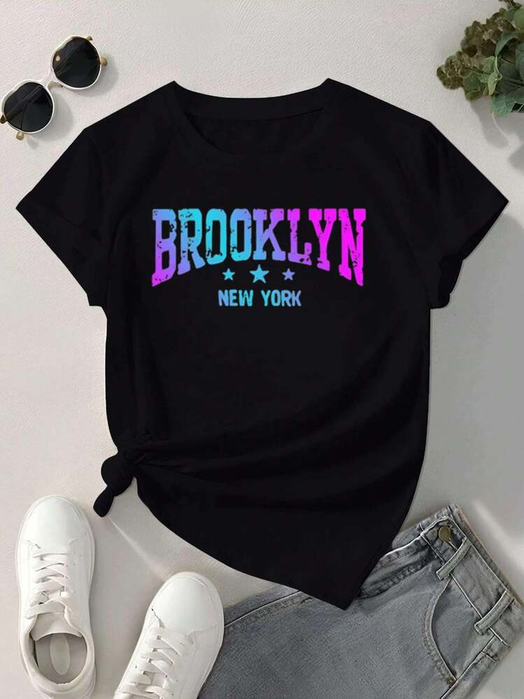 Camiseta "Brooklyn" de Nueva York ,Camiseta informal de algodón de verano para mujer, manga corta, cuello redondo, 220 g/m2 (1 pieza) - Negro - Añade 2