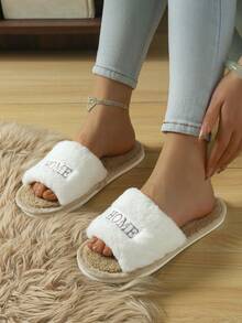 Plus Size Women's Fashion Embroidered Letter Open Toe Fuzzy Slippers, Flat Lightweight Quiet Open Toe Slides, All Season Insulation, Galentines, Puppy, Carnival, Party Decorations, Shoe, Spring Summer Picks, Brides Maid Gifts, Room, Bedroom Decor, Bedroom Decor, Beach, Travel, For Men, For Women, Vacation,Cute Stuff - Multicolor - View 9