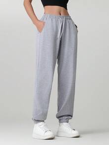 2pcs Women's Solid Color Casual Pants With Pockets, Versatile For Daily, Hiking, Running, Cycling, Walking, Jogging Spring Sports - Grey - View 7