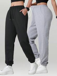 2pcs Women's Solid Color Casual Pants With Pockets, Versatile For Daily, Hiking, Running, Cycling, Walking, Jogging Spring Sports - Grey - View 12