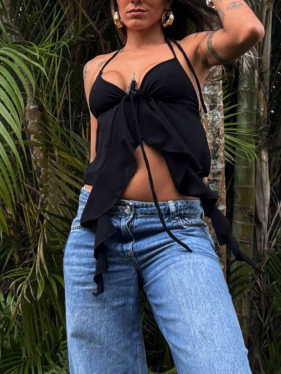 Boho Top Ruffles Simple Tie Beach Vacation - Black - View 1