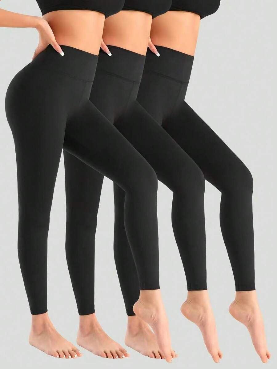 BioSynq 3 Pack Solid Black High Waisted Leggings For Women, Ultra Soft Stretch Opaque Slim Yoga Leggings, One Size & Plus Size - màu đen - Xem 1