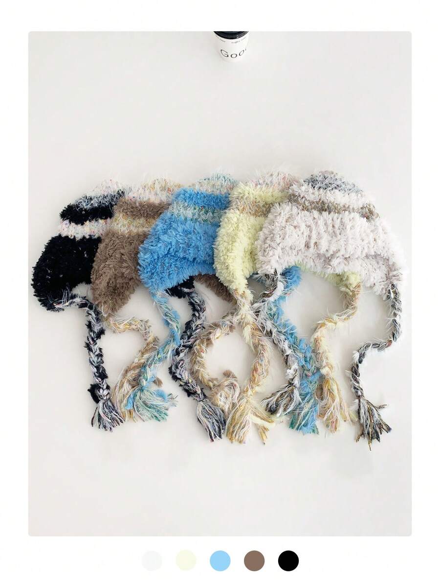 1 Stück Warme gestreifte Strickkappe mit Ohrklappen für Frauen, windundurchlässige dicke gestrickte Mütze für Herbst/Winter - Verschiedenfarbig - Übersicht 1