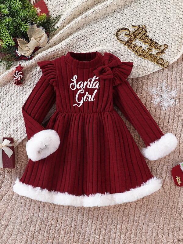 Christmas Slogan Print Striped Knit Long Sleeve Round Neck Dress, Suitable For Holiday, Party, Outdoor Wear In Spring/Autumn