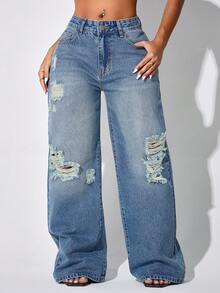Low Waist Wide Leg Casual Blue Ripped Slanted Pocket Curved Women'S Jeans