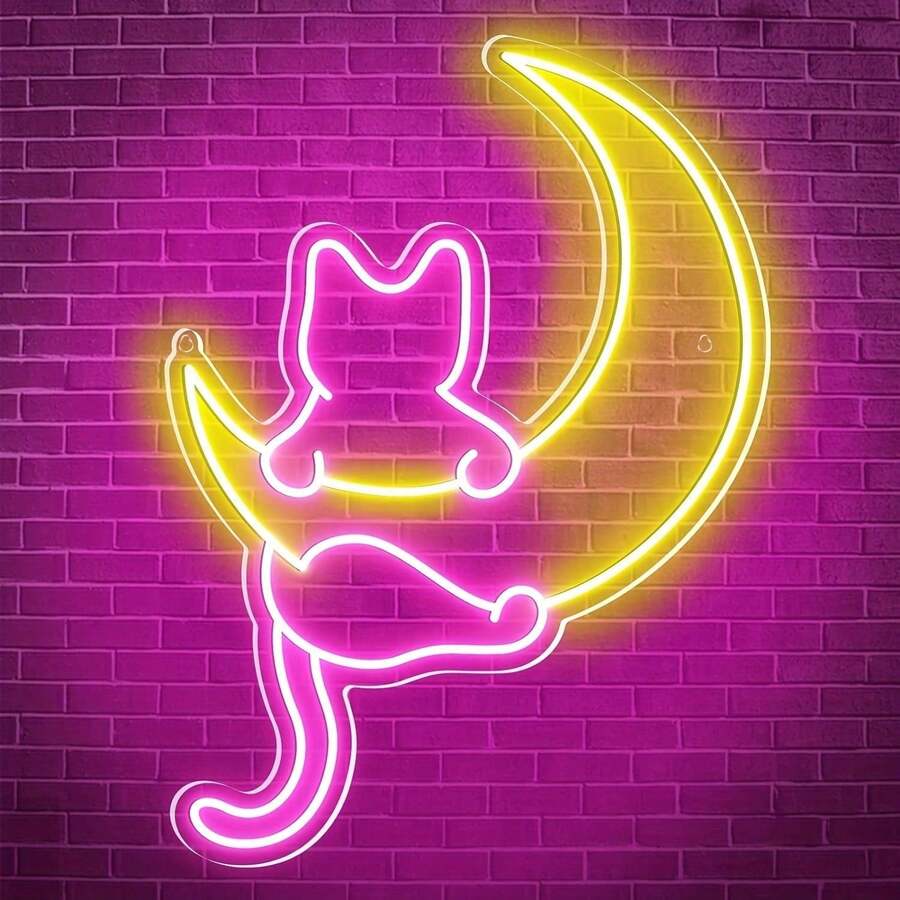 Cat & Moon Personalized Neon Lights, LED Glowing Signs Game Room Sign Wall Art Arcade Decor, Bedroom, Living Room, Bar, 5 Volt USB Powered, Level 10 Dimmer - 貓+月亮-41x30cm - 查看 1