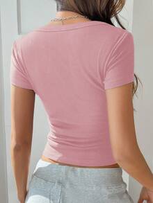 Women Casual Solid Color Short Sleeve T-Shirt - Pink - View 2