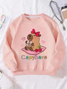 青少年女孩休闲宽松字母与图案印花圆领落肩长袖运动衫，秋冬 - 粉色 - 查看 2