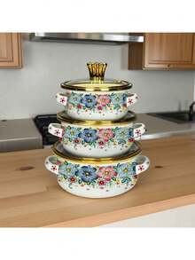 3pcs Enamel Coated Cookware Set: Milk Pot With Handles, Enamel Bowl, Mini Pot, Soup Pot, Ramen Bowl, Small Hot Pot, Thick Enamel Pot With Handles, Suitable For Induction Cooktop, Gas Stove, Cooking Small Portions Or Food Storage, Family Dinner Supplies, Christmas Party Supplies