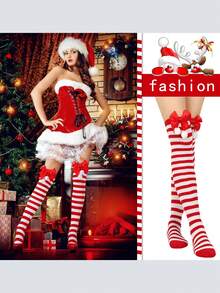 1 Par de Meias Acima do Joelho com Laço Festivo para Festa/Reunião, Listradas em Vermelho e Verde, Adequadas para Decorações de Natal e Decoração de Casa, Decoração de Quarto de Inverno