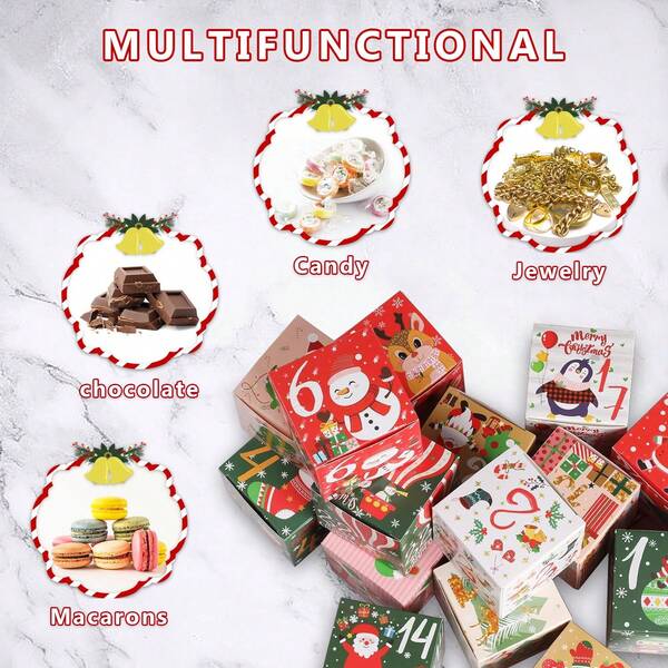 24pcs Christmas Arrival Calendar Candy Box Christmas Countdown 1-24 Digital Gift Box Packaging Paper Box Candy Gift Box Home Decor Christmas Decorations Room Decor Winter