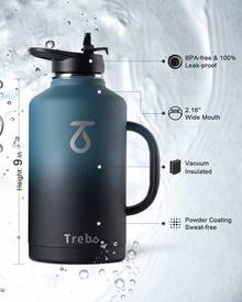 Water Bottle Insulated With Handle, Half Gallon Stainless Steel Metal Large Water Jug, Travel Flask With Straw Spout Lid, Wide Mouth Mug With Carry Pouch, Keep Cold - Indigo Crush - 查看 6