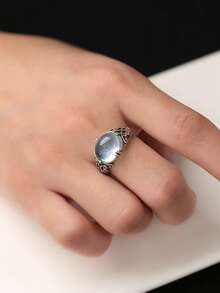 1pc 10*12mm Natural Aquamarine Ring 925 Sterling Silver Vintage Gorgerous Gems Men Women's Ring Adjustable Open Bands Jewelry Birthstone Gift