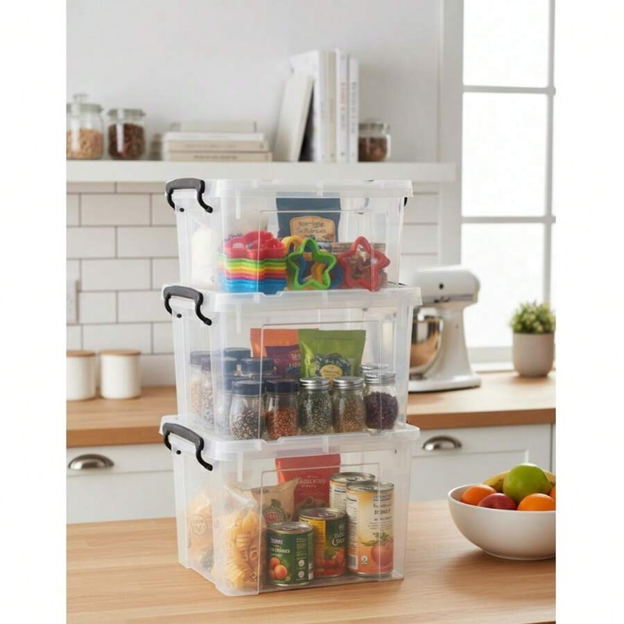 Set de 3 Cajas Organizadoras Apilables Multiusos de Alta Resistencia de 6 litros Para Hogar y Oficina, Juego de Cajas de Almacenamiento Transparentes con Tapa y Asas. Ideal para guardar Artículos, Juguetes, Herramientas y Más. - transparente - Ver 1