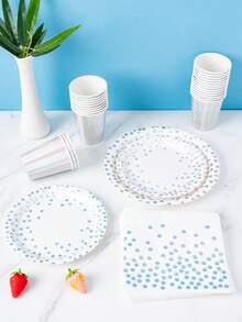 White & Silver Polka Dot Petal Shaped Disposable Plates, Napkins, Cups Set, Black Plates, Napkins And Cups Party Supplies, Fits 10 Guests, Disposable Paper Plates Party Tableware Suitable For Birthday, Wedding, Party, Family Picnic